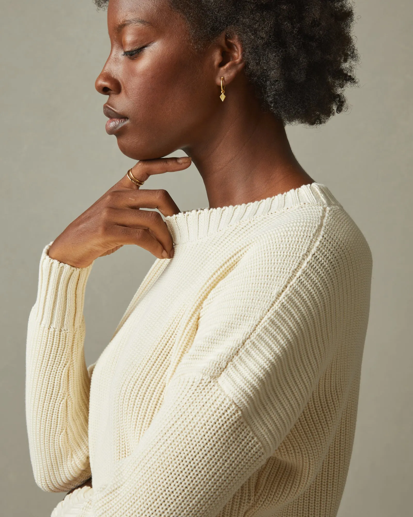 Chunky Cotton Crew Sweater - Creme