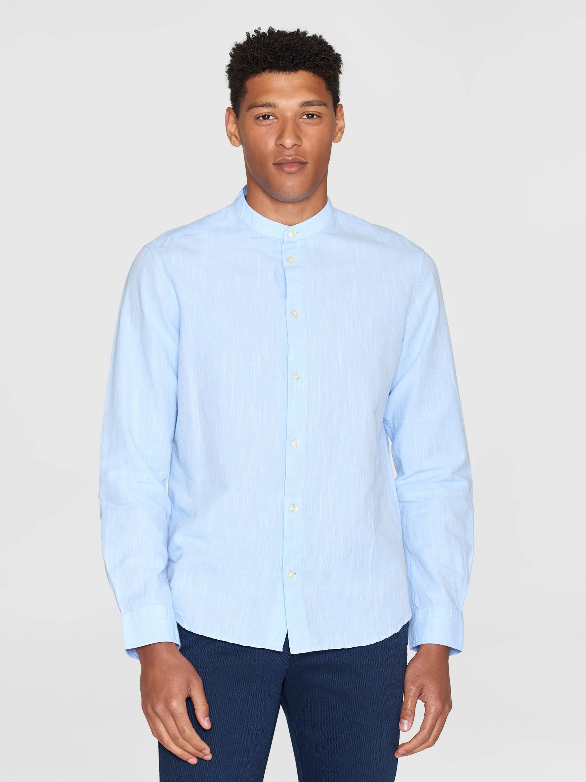 Custom fit linen stand collar shirt - Skyway