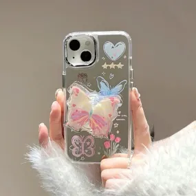 Cute Electroplated Silver Butterfly Heart Doodles Design Protective Shockproof iPhone Case with Pop Up Stand for iPhone 11 12 13 14 Pro Max