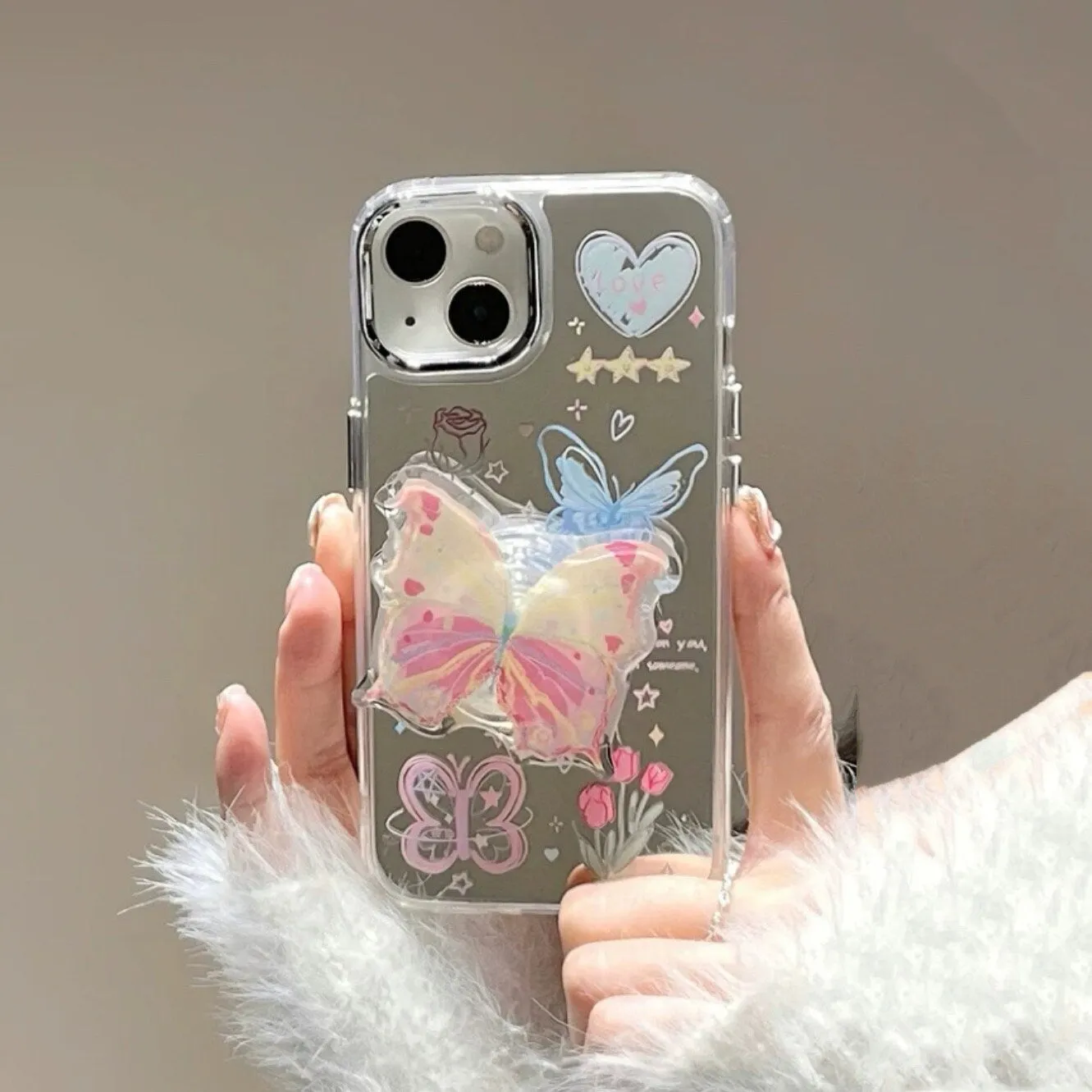 Cute Electroplated Silver Butterfly Heart Doodles Design Protective Shockproof iPhone Case with Pop Up Stand for iPhone 11 12 13 14 Pro Max