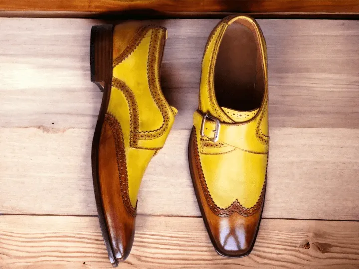 Elegant Design Handmade Men's Brown & Yellow leather Monk dress shoes,New leather shoes