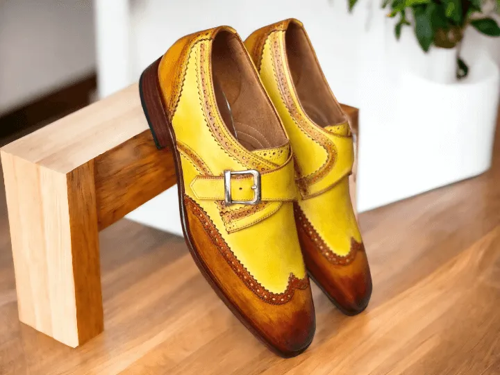 Elegant Design Handmade Men's Brown & Yellow leather Monk dress shoes,New leather shoes