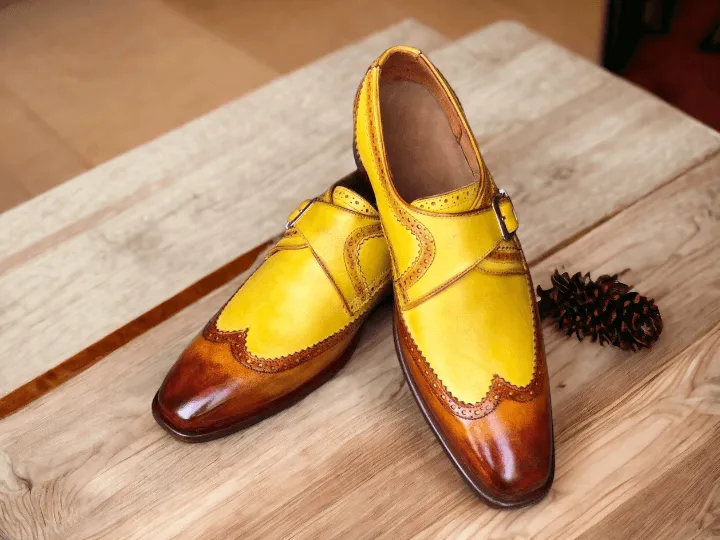 Elegant Design Handmade Men's Brown & Yellow leather Monk dress shoes,New leather shoes