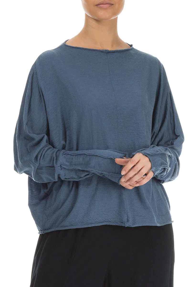 Exposed Seam Sleeves Blue Pure Wool Jumper