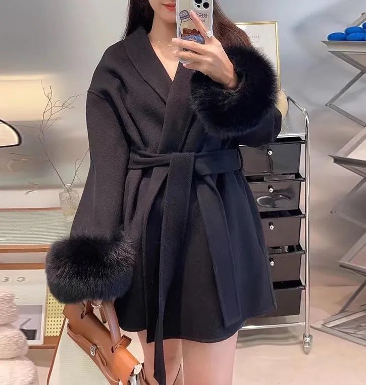 Fashionkova 90s fashion Cuff Fox Fur Short Double-Sided Wool Coat Rich Gold Style Woolen Coat Women's Fashion Winter