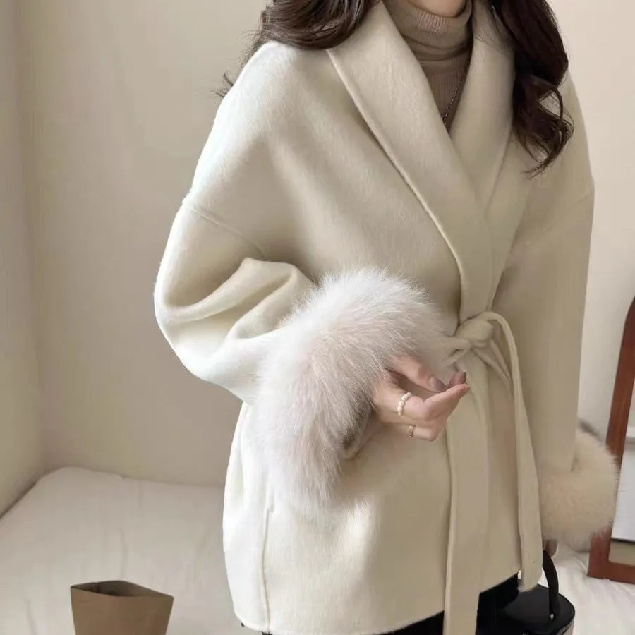 Fashionkova 90s fashion Cuff Fox Fur Short Double-Sided Wool Coat Rich Gold Style Woolen Coat Women's Fashion Winter