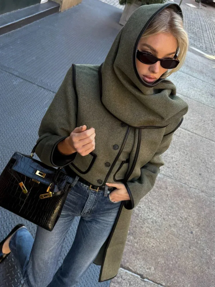 Fashionkova Christmas Gift Outfit  Chic Grey Green Scarf Collar Single Breasted Short Jacket Woman Contrasting Edge Pocket Coat New Fall Winter Street Outerwear