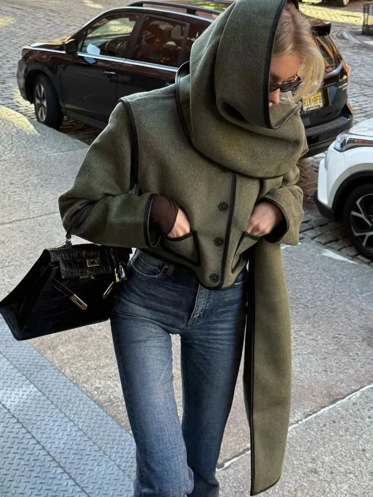 Fashionkova Christmas Gift Outfit  Chic Grey Green Scarf Collar Single Breasted Short Jacket Woman Contrasting Edge Pocket Coat New Fall Winter Street Outerwear