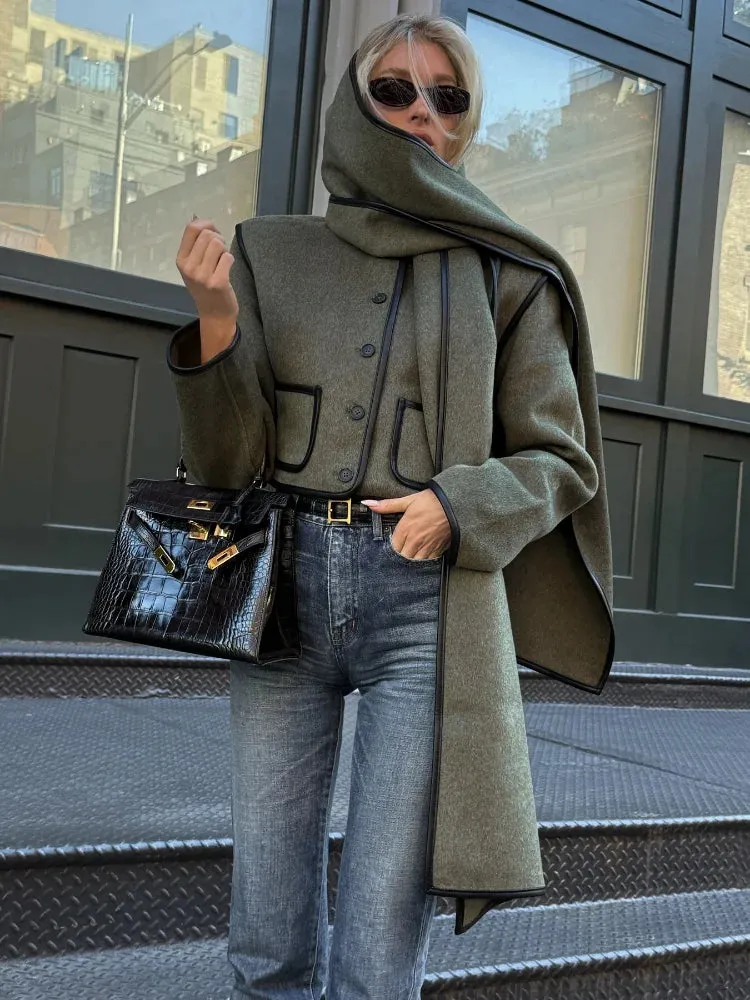 Fashionkova Christmas Gift Outfit  Chic Grey Green Scarf Collar Single Breasted Short Jacket Woman Contrasting Edge Pocket Coat New Fall Winter Street Outerwear