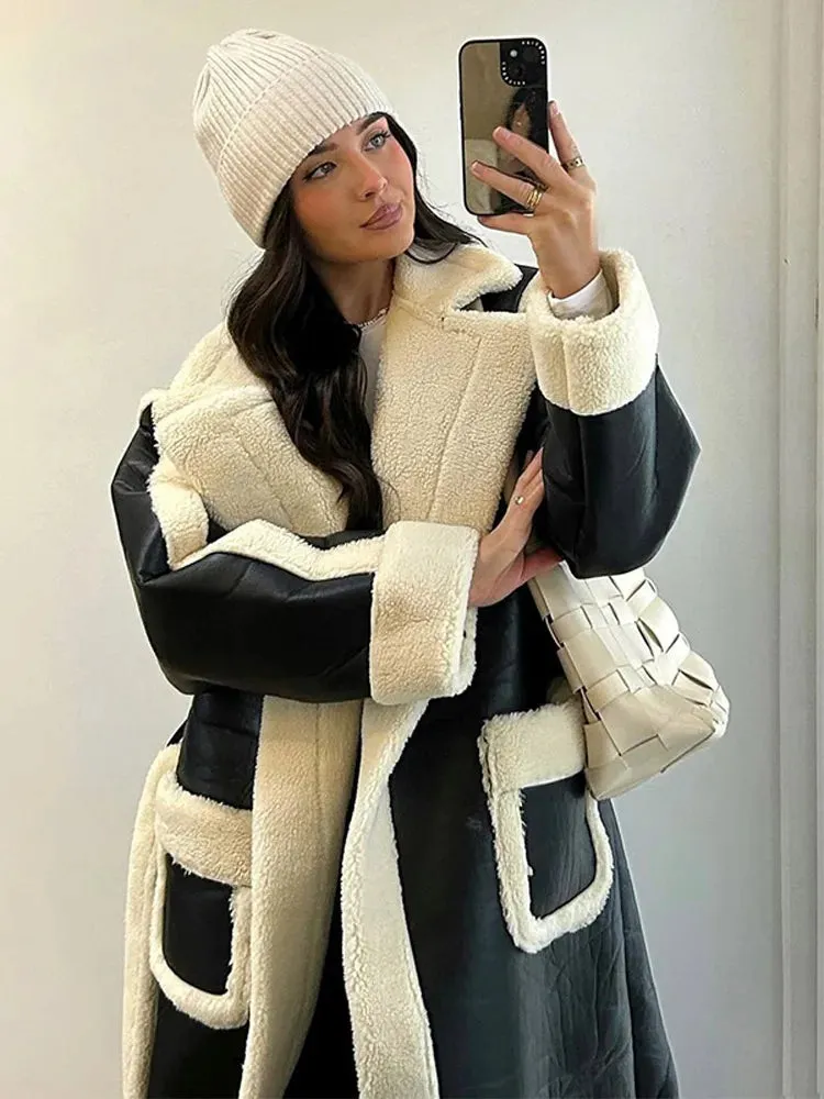 Fashionkova Christmas Gift Outfit  Chic Woman Contrast Lamb Woolen Warm Coat Versatile Loose Lapel Full Sleeve Pockets Long Jacket 2024 New Autumn Street Outerwear