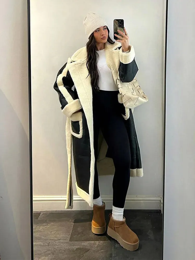 Fashionkova Christmas Gift Outfit  Chic Woman Contrast Lamb Woolen Warm Coat Versatile Loose Lapel Full Sleeve Pockets Long Jacket 2024 New Autumn Street Outerwear