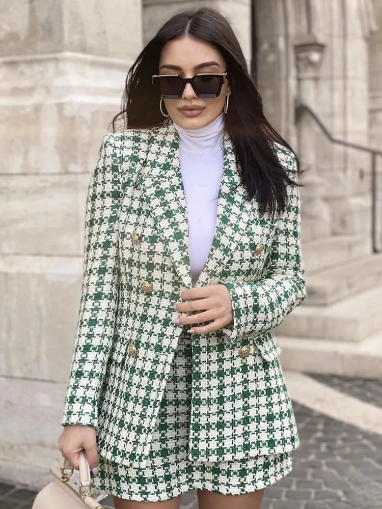 Fashionkova   Women Fashion Green Tweed Blazer Jacket Plaid Print Double Breasted Coat High Waist Mini Skirts Casual Female Streetwear