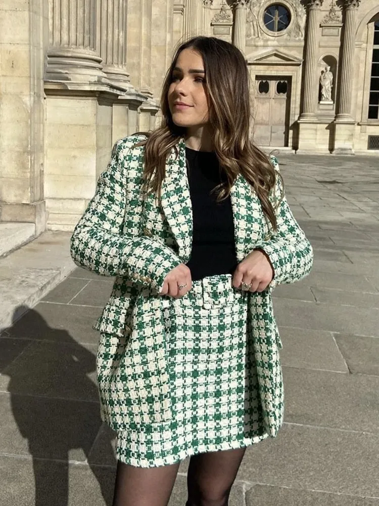 Fashionkova   Women Fashion Green Tweed Blazer Jacket Plaid Print Double Breasted Coat High Waist Mini Skirts Casual Female Streetwear