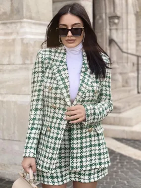 Fashionkova   Women Fashion Green Tweed Blazer Jacket Plaid Print Double Breasted Coat High Waist Mini Skirts Casual Female Streetwear