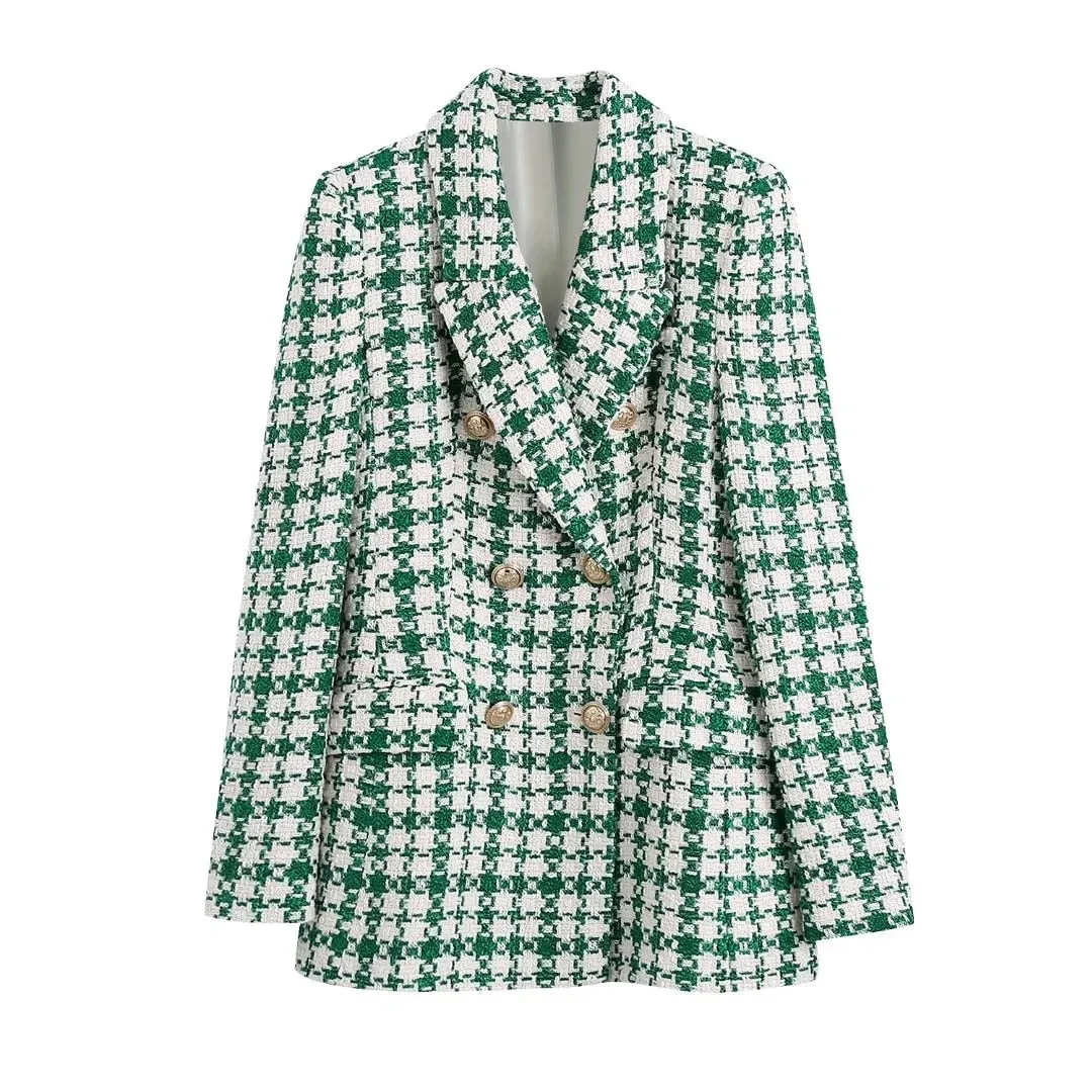 Fashionkova   Women Fashion Green Tweed Blazer Jacket Plaid Print Double Breasted Coat High Waist Mini Skirts Casual Female Streetwear