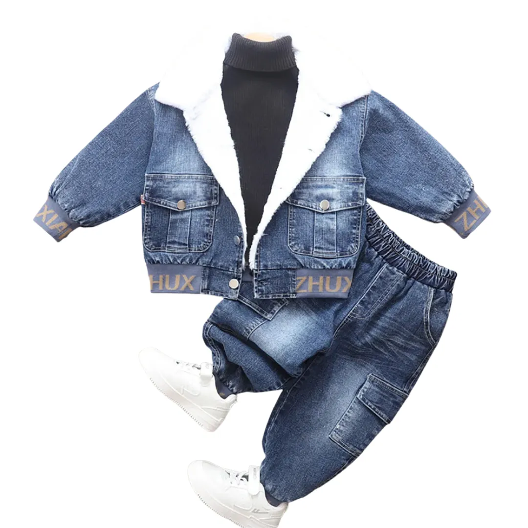 Fur Denim Letter Jacket Set