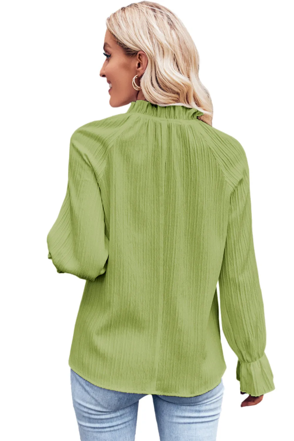 Green Frilled Mock Neck Ripple Bubble Sleeve Blouse