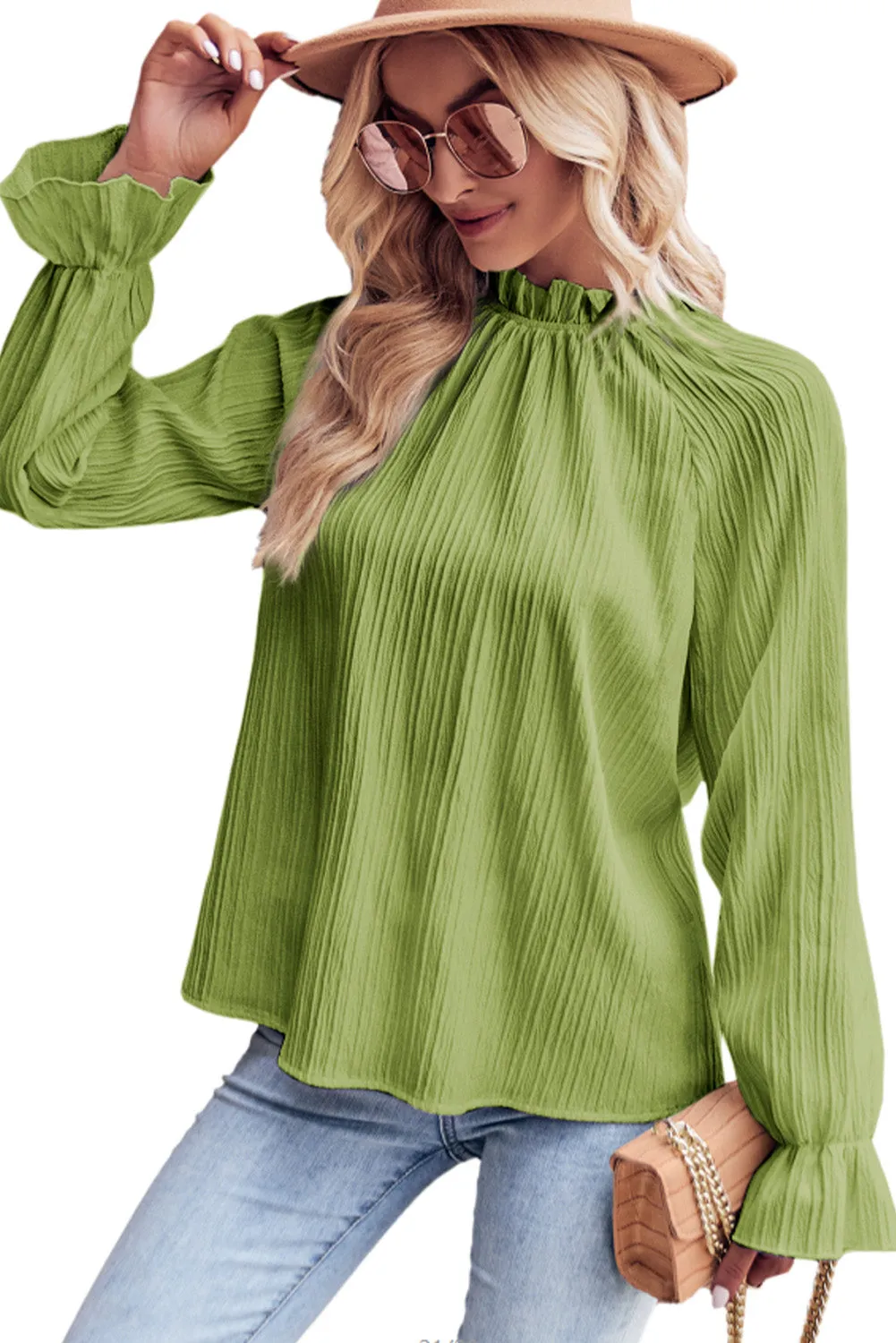 Green Frilled Mock Neck Ripple Bubble Sleeve Blouse