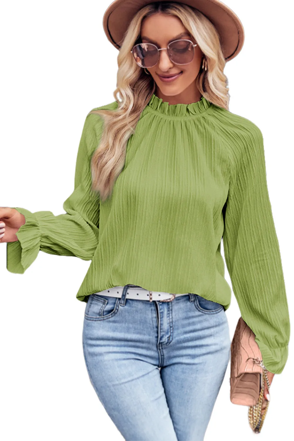 Green Frilled Mock Neck Ripple Bubble Sleeve Blouse