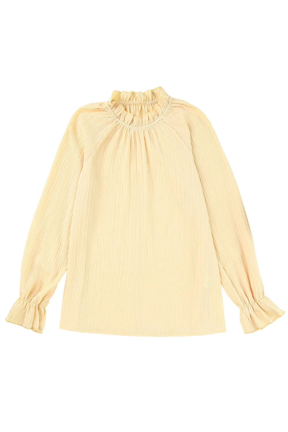 Green Frilled Mock Neck Ripple Bubble Sleeve Blouse