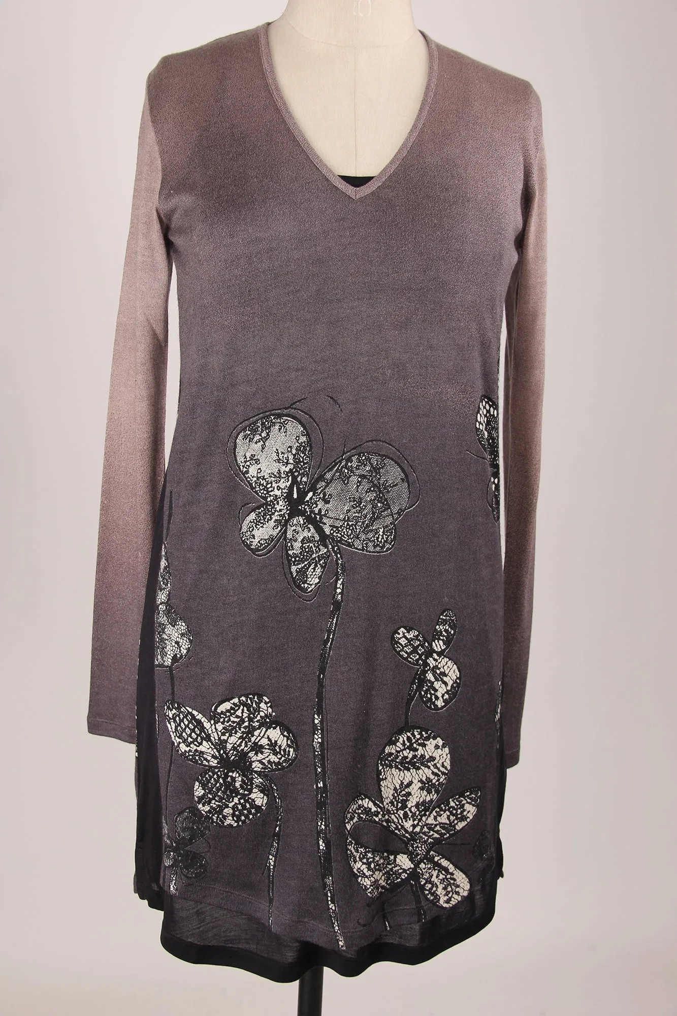 Grey Floral Silk Wool Cashmere Sweater