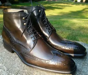 Handmade Men Brown Wing Tip Brogue Ankle Boots, Men Leather Designer Fashion Boots