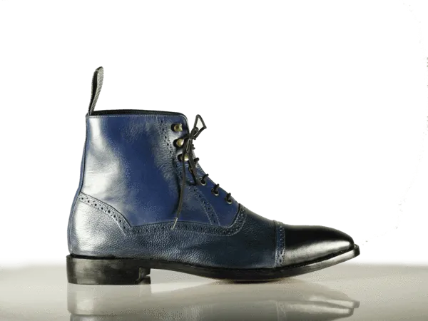 Handmade Men's Navy Blue Leather Cap Toe Lace Up Boots, Men Ankle Boots, Men Fashion Boots