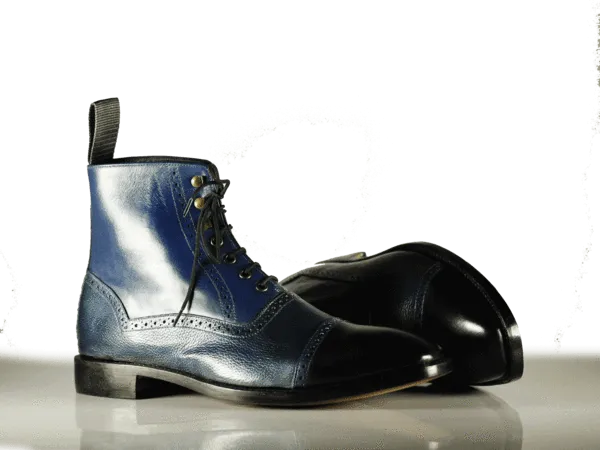 Handmade Men's Navy Blue Leather Cap Toe Lace Up Boots, Men Ankle Boots, Men Fashion Boots