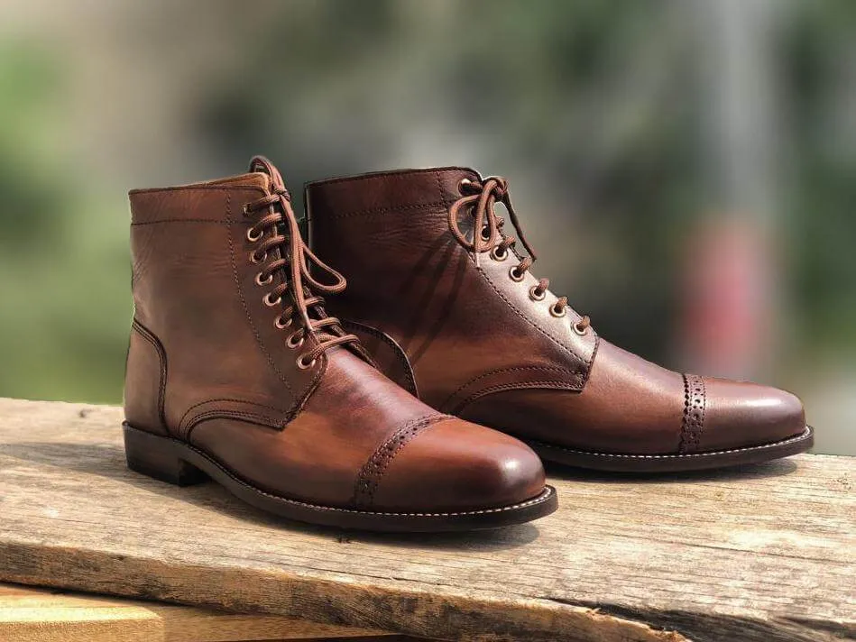 Handmade Men's Rusty Antique Brown Leather Cap Toe Lace Up Boots, Men Ankle Boots, Men Designer Fashion Boots