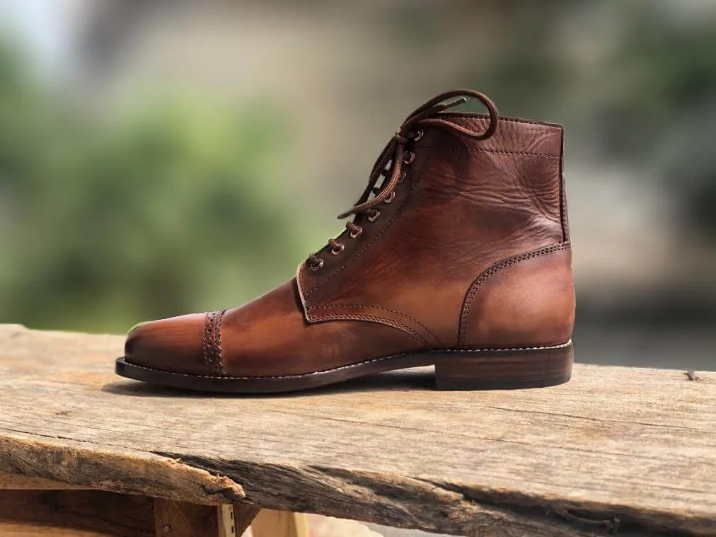 Handmade Men's Rusty Antique Brown Leather Cap Toe Lace Up Boots, Men Ankle Boots, Men Designer Fashion Boots