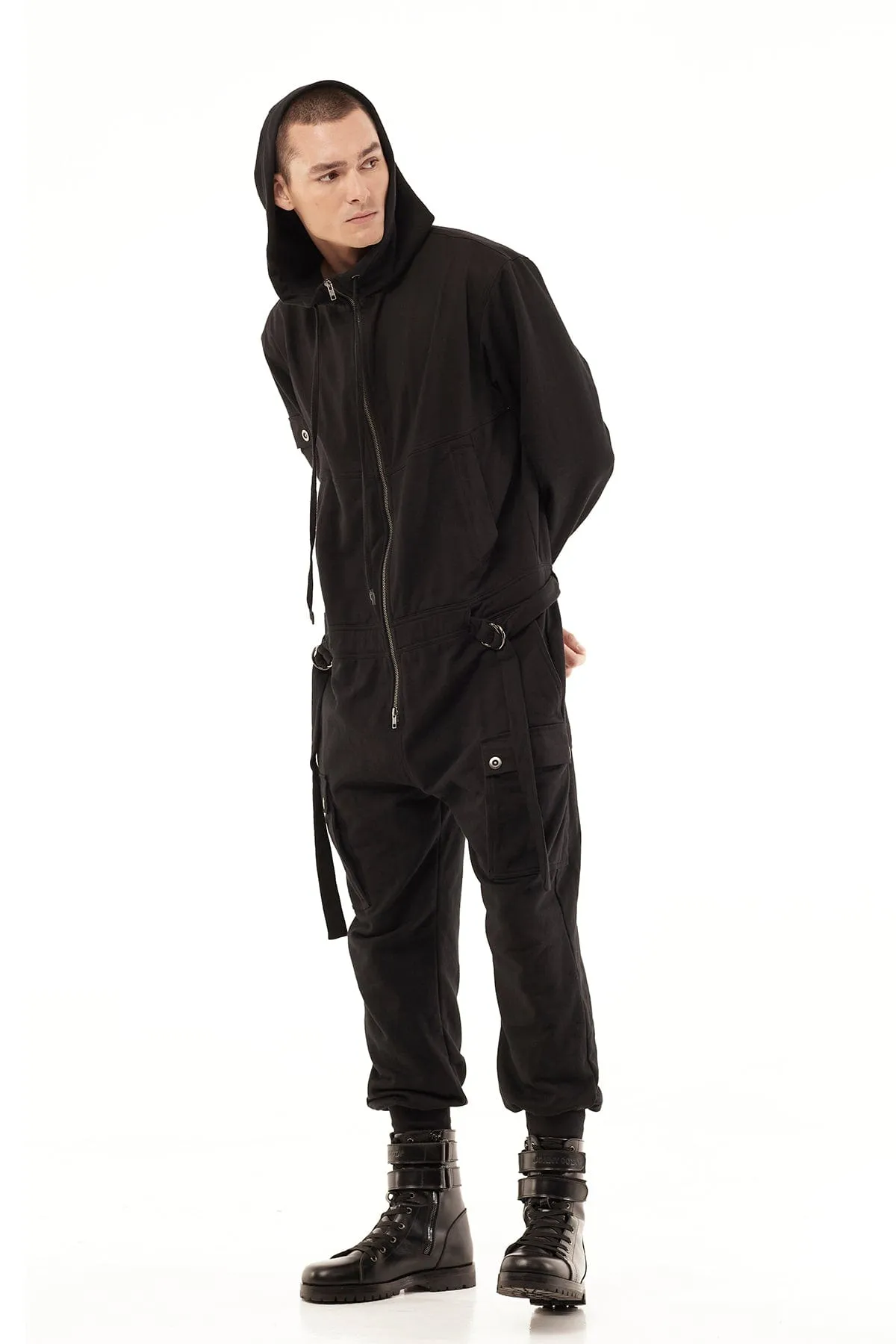 HOODED JUMPSUIT IN BLACK