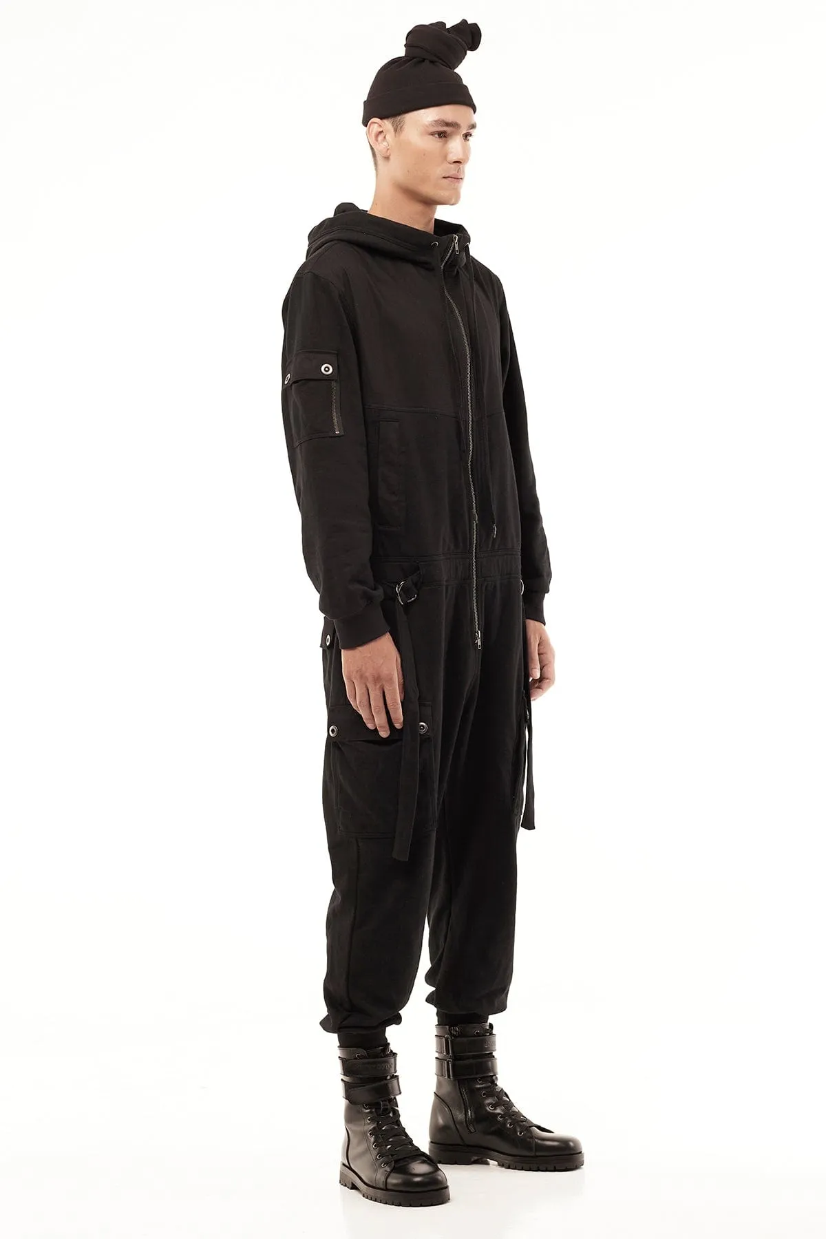 HOODED JUMPSUIT IN BLACK