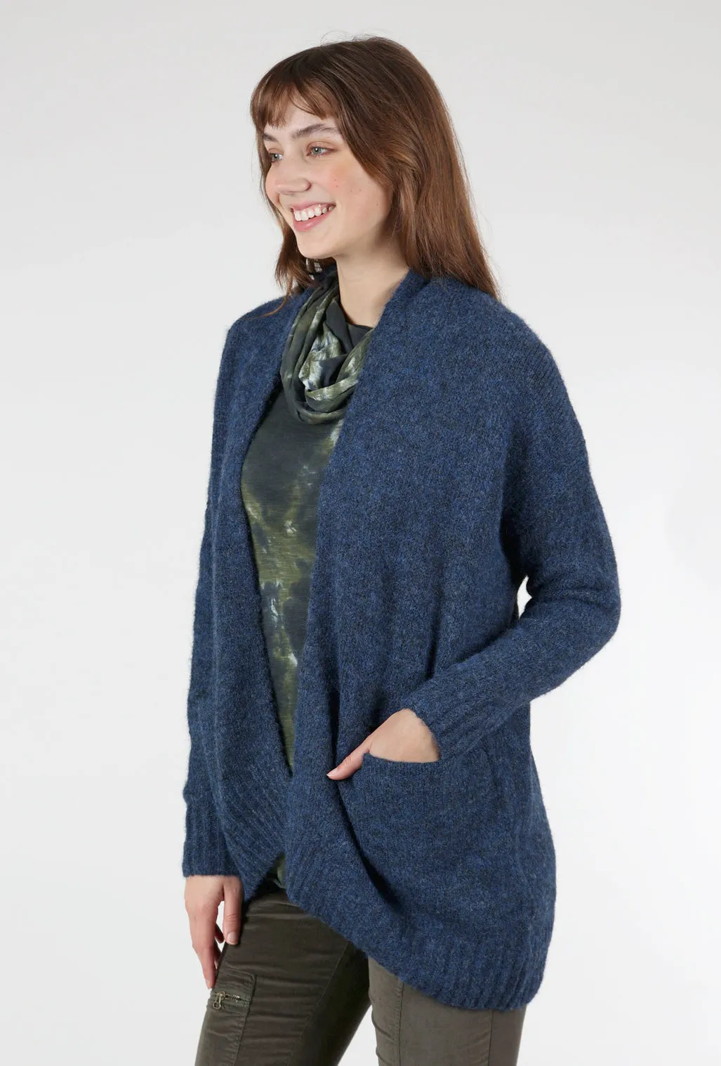 Inset Pockets Ribbed Cardigan, Navy