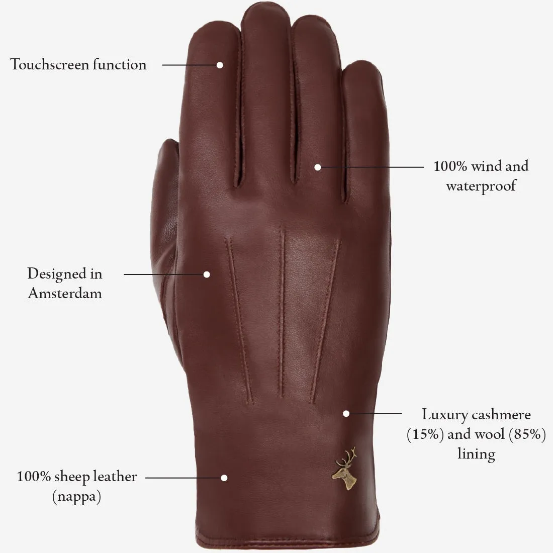 James (brown) - classic sheepskin leather gloves with luxurious cashmere lining & touchscreen feature