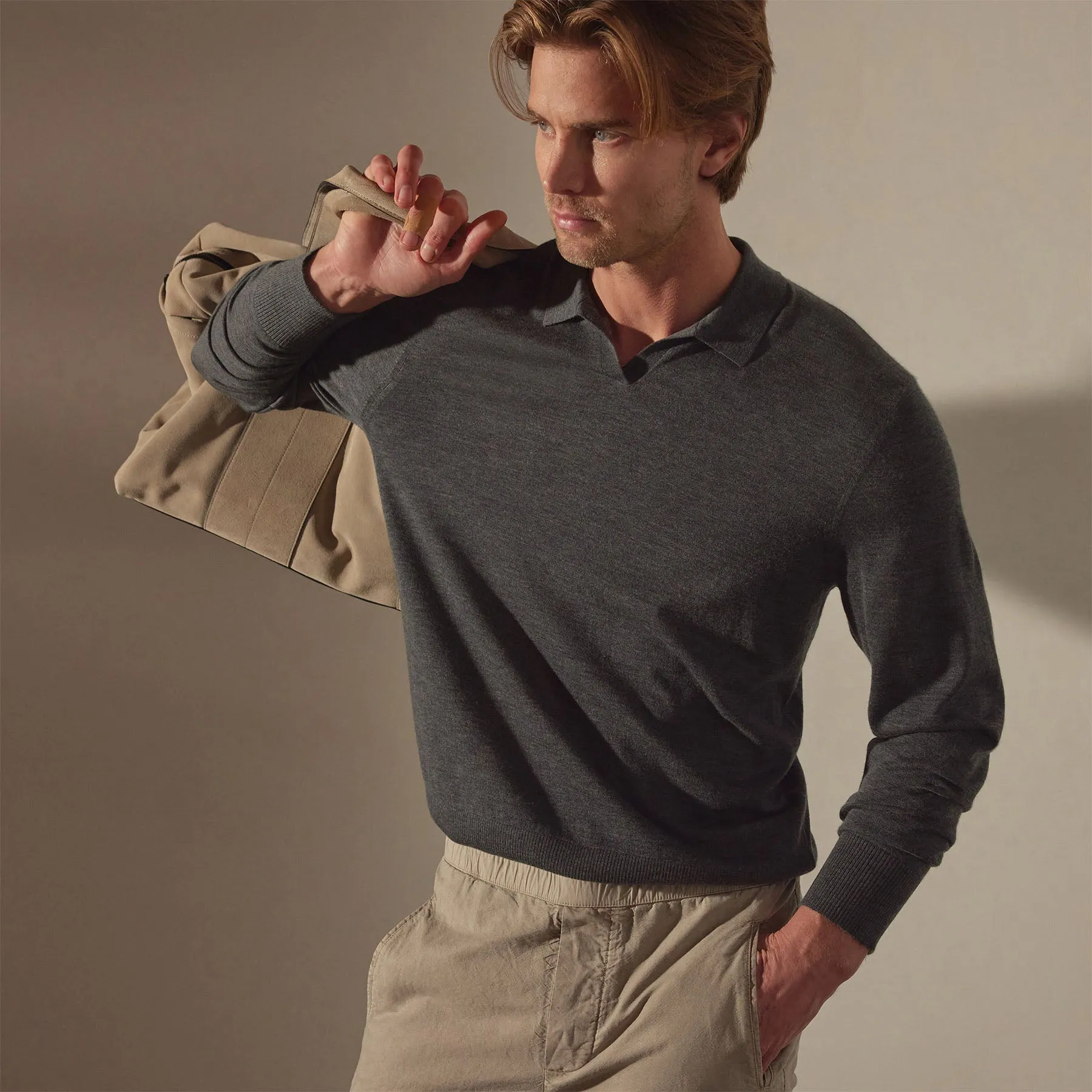 Lightweight Fine Gauge Cashmere Polo - Charcoal