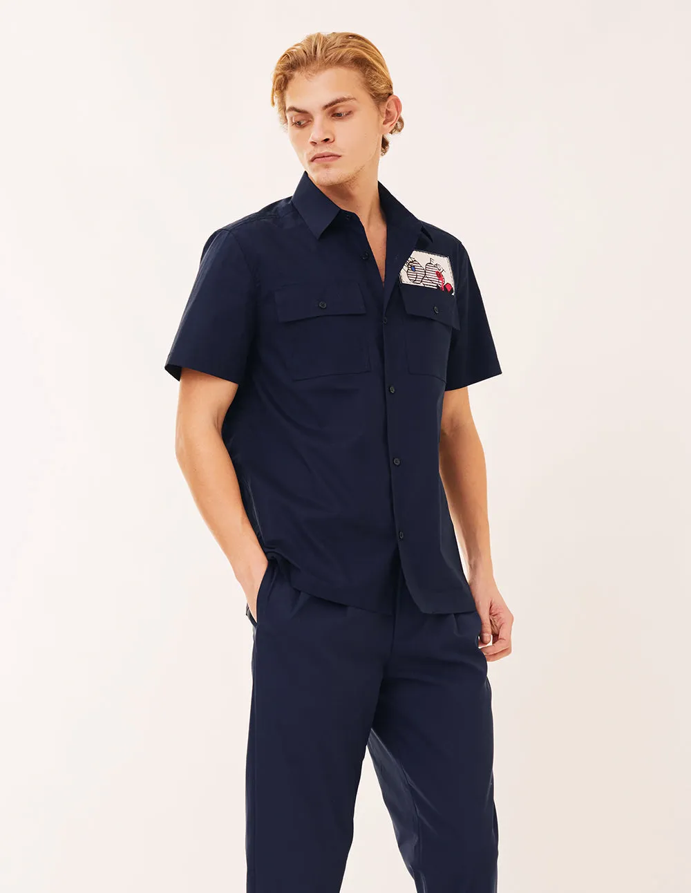 MARK FAST MEN MIDNIGHT BLUE SHORT-SLEEVED SHIRT WITH EMBROIDERY