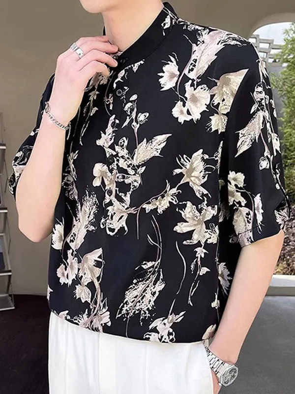 Mens Floral Print Stand Collar Half Sleeve Shirt SKUK63610