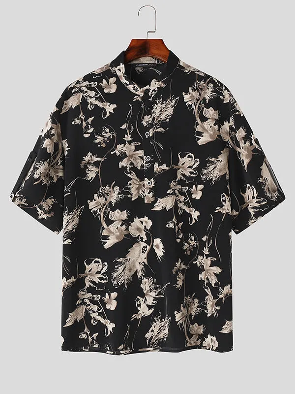 Mens Floral Print Stand Collar Half Sleeve Shirt SKUK63610