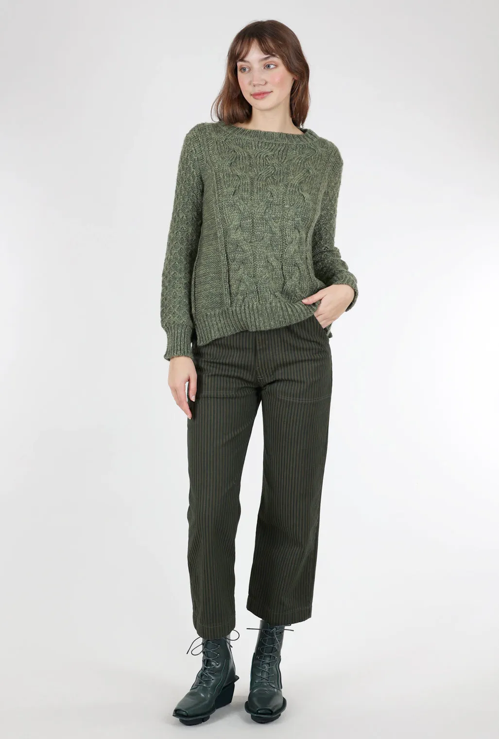 Mitch Cable Crew Sweater, Moss Olive