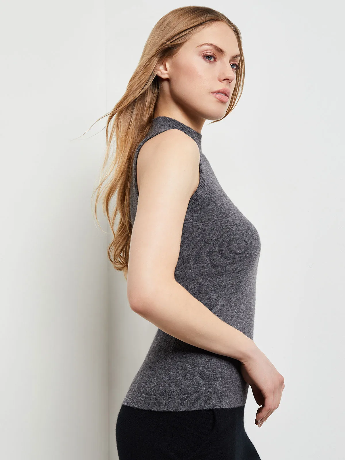 Mock Neck Cashmere Tank Top, Charcoal