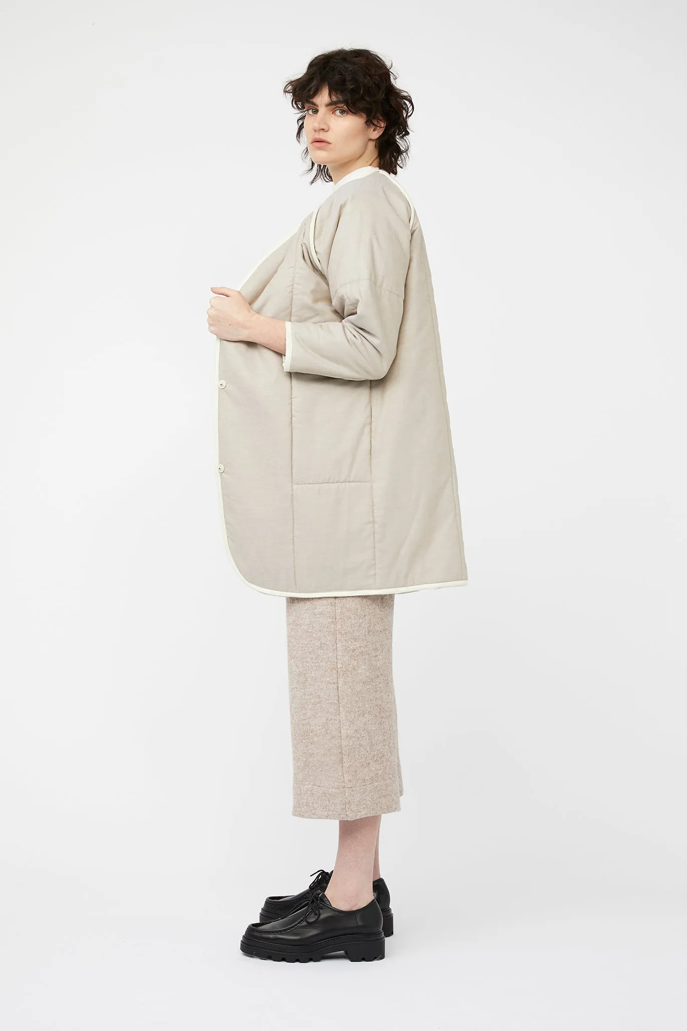 MOSAIC REVERSIBLE COAT ~ NEUTRALS [ Quilted Patchwork, Cream Wool, Linen ]