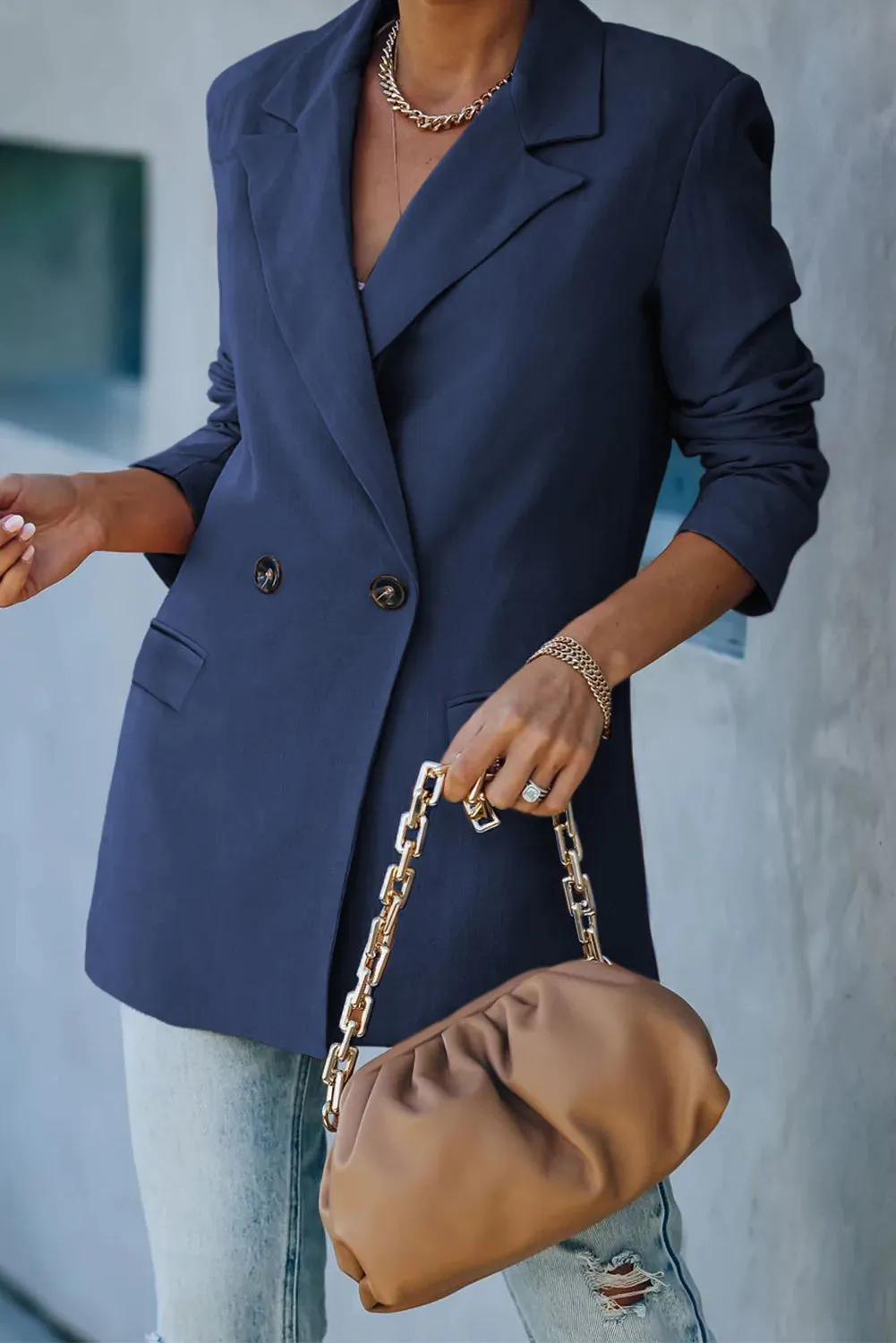 Navy Double-Breasted Padded Shoulder Blazer with Pockets