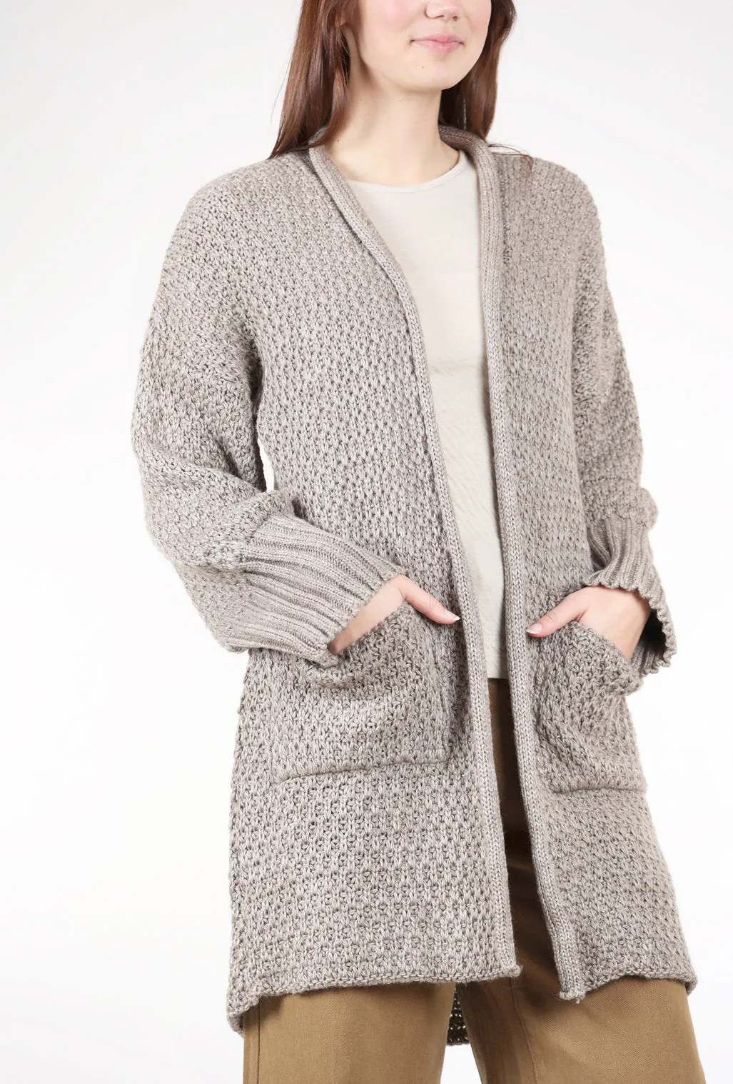 Patch-Pocket Knit Cardigan, Taupe