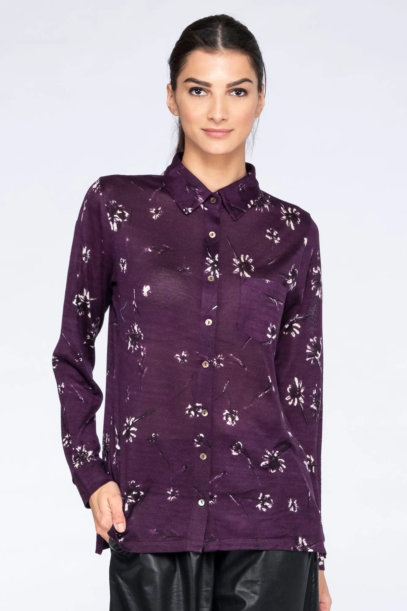 Plum Floral Collared Silk Wool Cashmere Sweater