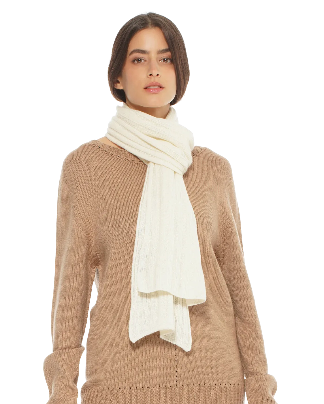 Pure Cashmere Ribbed Scarf Milk White