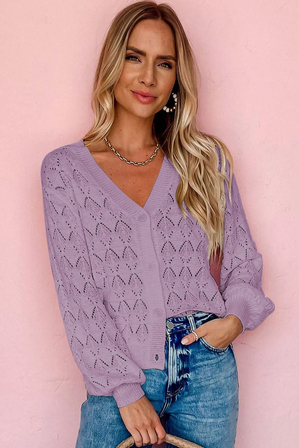 Purple Lightweight Buttoned Front Crochet Cardigan