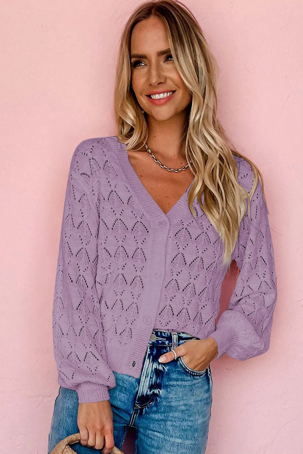 Purple Lightweight Buttoned Front Crochet Cardigan