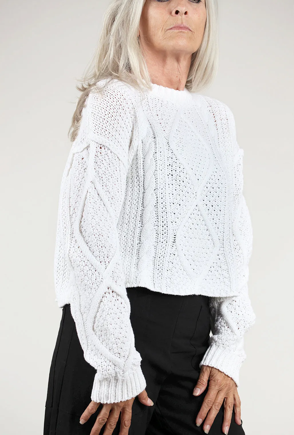 Raw-Edge Cable Sweater, White