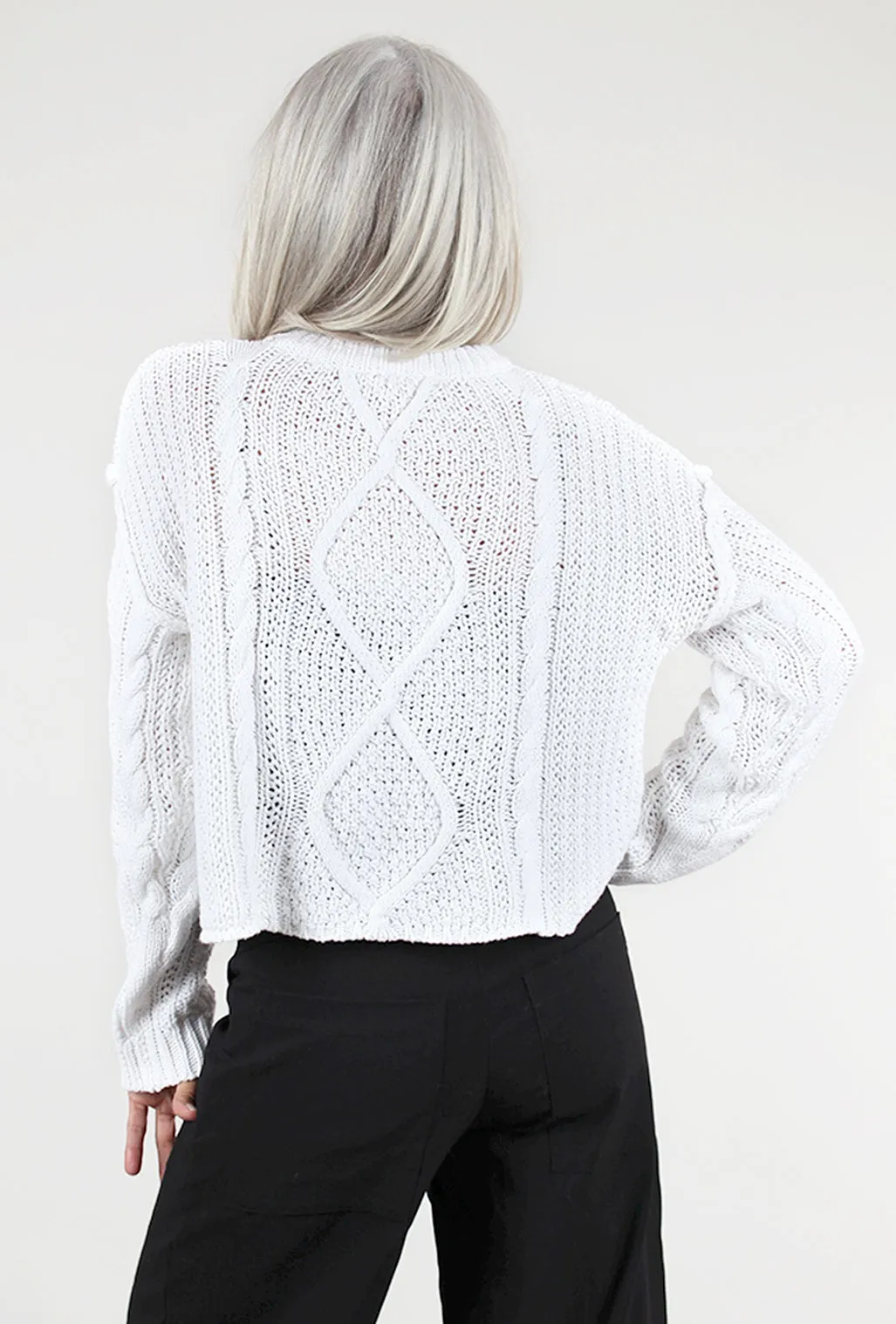 Raw-Edge Cable Sweater, White