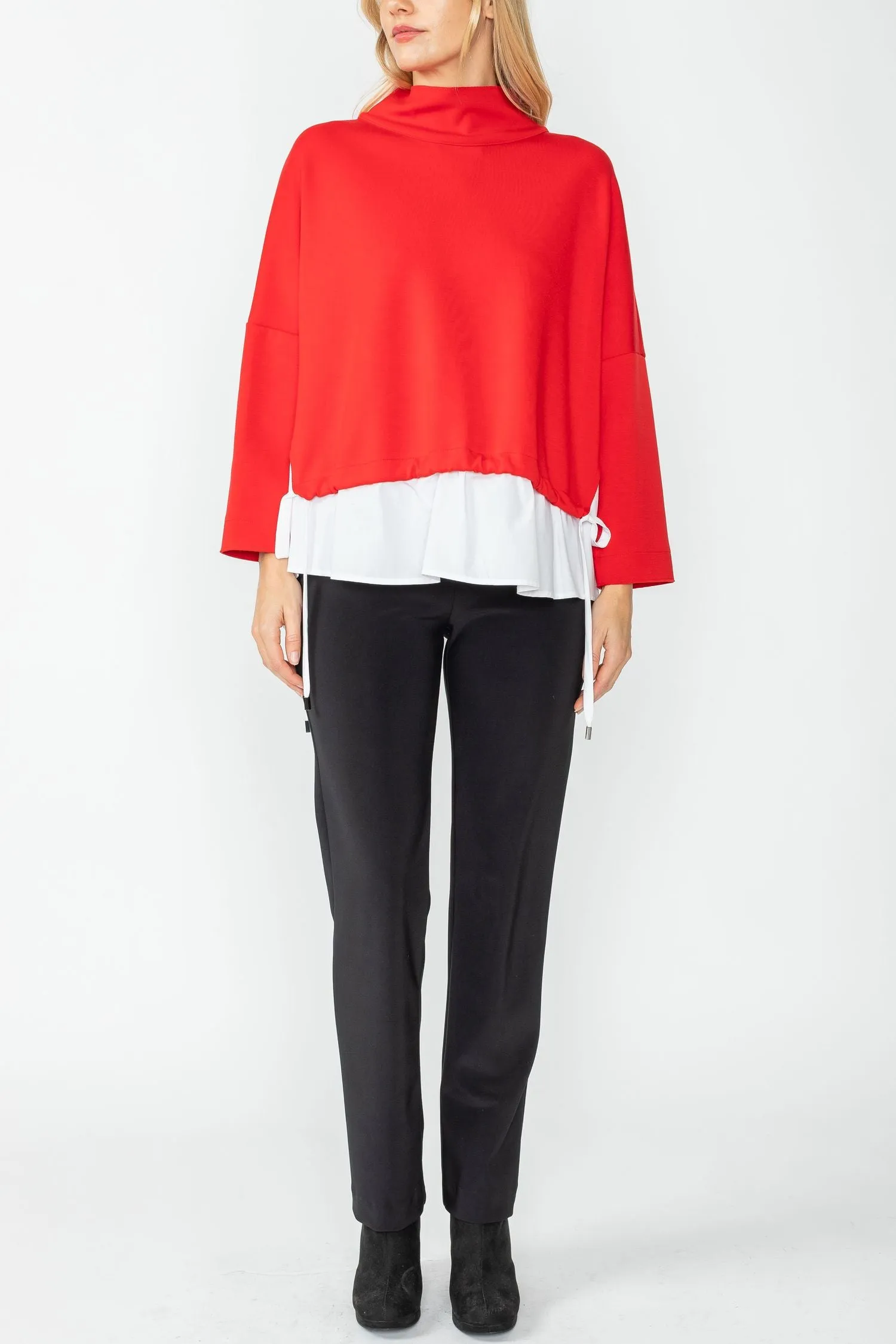 Red High Stand Collar & Shirts Tail Layer Top